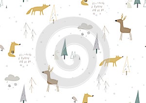 Seamless winter pattren with forest animals