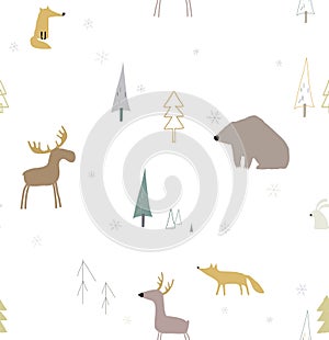 Seamless winter pattren with forest animals