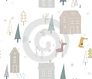 Seamless winter pattren with forest animals and houses