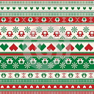 Seamless Winter Sweater pattern with Hearts and Owls. Red-Green
