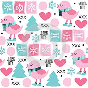 Seamless winter time chicken pattern vector illustration