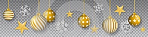 Seamless winter vector with hanging gold colored decorated christmas ornaments, golden stars and snowflakes on gray background