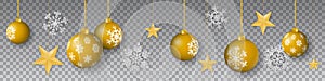 Seamless winter vector with hanging gold colored decorated christmas ornaments, stars and snowflakes on transparent background