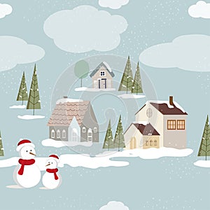 Seamless Winter wonderland landscape in village,Vector illustration pattern small town in countryside landscape, farm house, pine