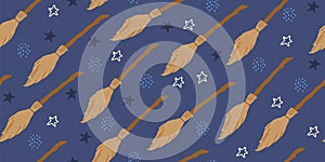 Seamless witch pattern with flying brooms, magic