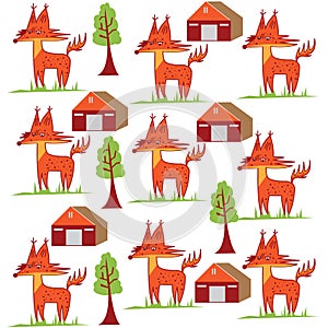 Seamless wolf cartoon tree pattern vector design