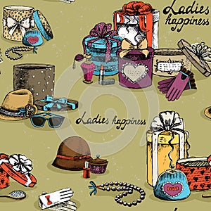 Seamless woman accessory with gift boxes photo