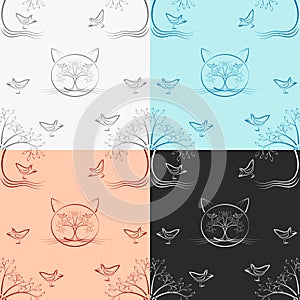 Seamless Wood cat pattern Four color version.