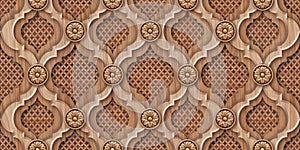 Seamless wooden carving tile with Islam, Arabic, Indian, ottoman motifs. Majolica pottery tile.