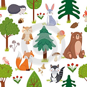 Seamless woodland animals pattern. Summer forest cute wildlife animal and forests floral cartoon vector background