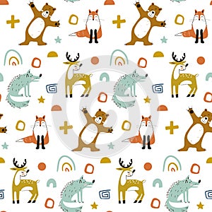 Seamless woodland pattern with cute bear, fox, wolf and hand drawn elements. Creative scandinavian kids texture for