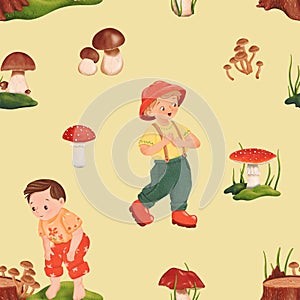 Seamless woodland pattern with little mushroom pickers. Forest glade. A dream for mushroom enthusiasts. Edible penny bun