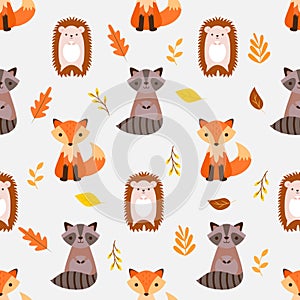 Seamless woodland pattern with oak leaves and cute forest animals - fox, deer, hedgehog, and owl illustrations