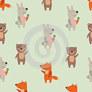 Seamless woodland pattern with oak leaves and cute forest animals - fox, deer, hedgehog, and owl illustrations