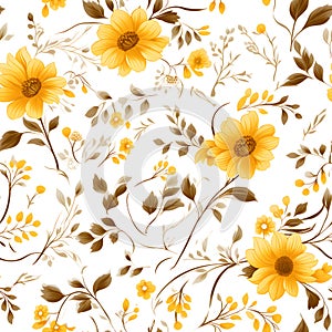 Seamless yellow floral elements white background,intricate pattern by Generative AI