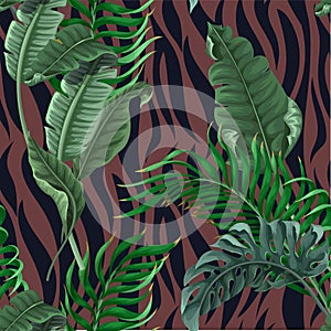 Seamless zebra skin pattern with tropical leaves. Vector.