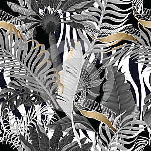 Seamless zebra skin pattern with tropical leaves. Vector.