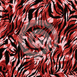 Seamless zebra and tiger stripes animal skin pattern. Black and red design for textile fabric printing.