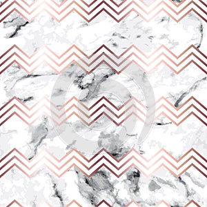 Seamless zigzag geometric pattern with rose gold metallic lines and gray marble