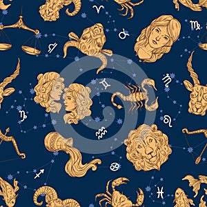 Seamless zodiac pattern. Aries, Leo and Sagittarius constellations. Cancer, Scorpio and Pisces. Taurus, Virgo and