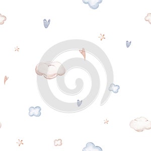 Seamlesss pattern with cartoon clouds, magic baby bear bunny toys and rainbow. Watercolor hand drawn illustration with white