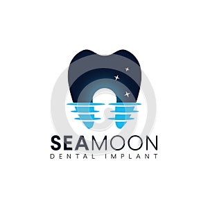 Seamoon dental implant logo with sceen sea and reflection of moon make tooth implant vector