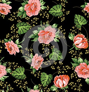 Seampless flower ditsy classic rose print black background photo