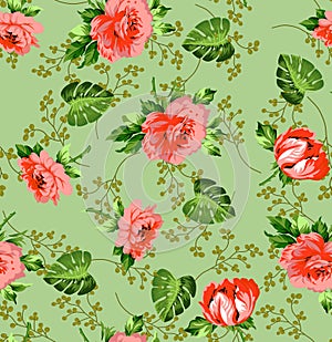 Seampless flower ditsy classic rose print green background photo