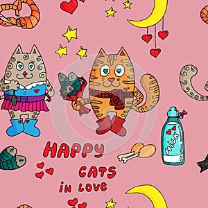 seampless pattern cats in love on pink background photo