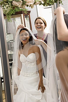 Seamstress helping bride. photo