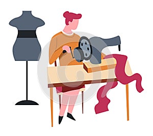 Seamstress isolated female character sewing machine and dummy