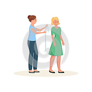 Seamstress measuring growth of customer with tape isolated on white background