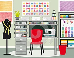 Seamstress`s office. Dressmaker workspace. Sewing illustration II. Green tones.