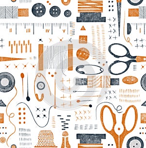 Seamstress seamless pattern with illustration of watercolor retro sewing tools. Sewing kit, accessories for sewing