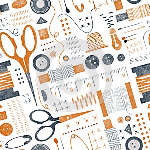 Seamstress seamless pattern with illustration of watercolor retro sewing tools. Sewing kit, accessories for sewing