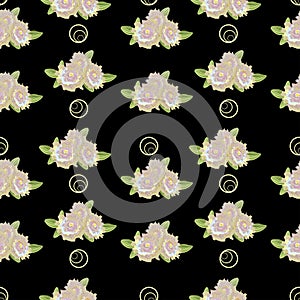 Seanless pattern with beige peony and geometric shapes on black background