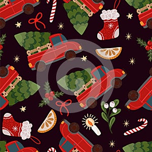 Seanless pattern with red pickup truck with a Christmas tree in the back. Vector cartoon flat illustration.