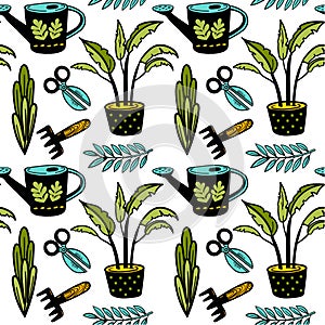 Seanless vector garden pattern with potted plant, scissors, watering can.