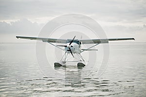 The seaplane is on the surface of the water. Mauritius.