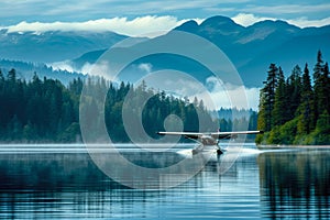 seaplane taking off from a lake. The water is calm, and there are trees and mountains in the background