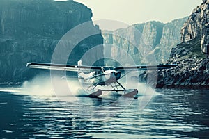 seaplane taking off from an ocean bay. The water is calm, and there are cliffs and rocks in the background