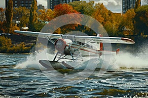 seaplane taking off from a river. The water is choppy, and there are trees and buildings in the background
