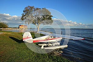 Seaplane at the water`s edge in Tavares, Florida. photo