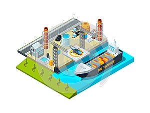 Seaport isometric. Cargo ship oil tanks seaside industrial buildings vessel and fuel farms vector 3d illustration