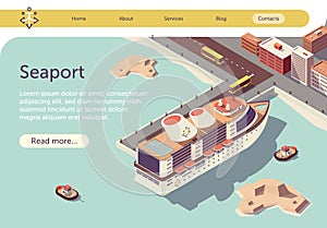 Seaport Isometric Text Banner with Ocean Liner