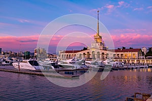 Seaport with mooring boats at sunset in Sochi, Russia. photo