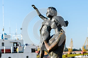 Seaport in Odessa. Monument to the sailor`s wife. Ukraine. May, 2016. Spring background.