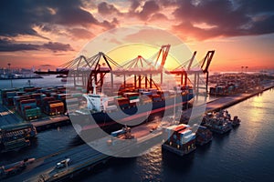 Seaport at sunset. Port cranes unload containers from the ship. Trade and transport of goods. Ships and harbour cranes. Import and