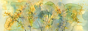 Sear yellow tulips watercolor background, dying flowers