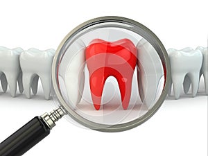 Search aching tooth in row of healthy teeth.